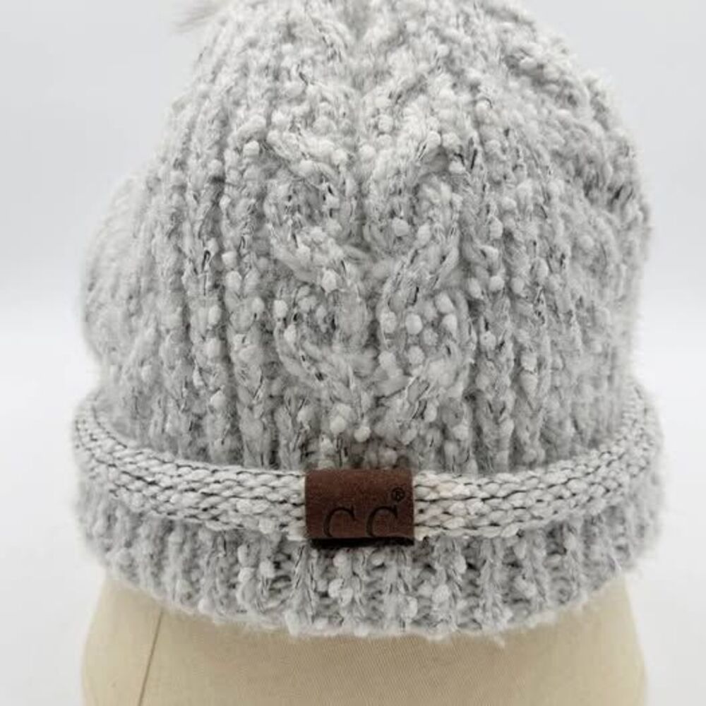 C.C Beanie Hat Lt. Gray Thick Knit Soft Fleece Lined Faux Fur Pom Pom